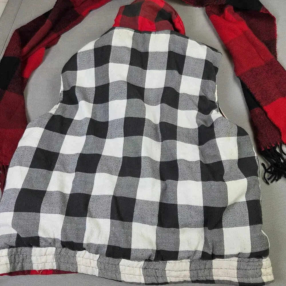 Unbranded Reversible Buffalo Plaid Vest Scarf Set Red Black Adult Large